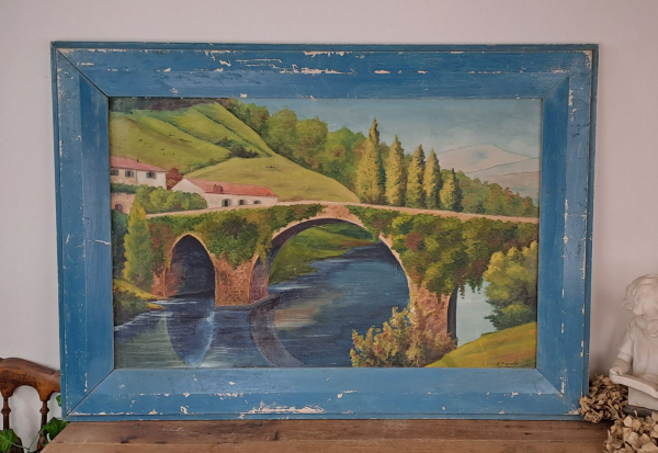 Huile sur panneau isorel " Pont de Bidarray "  Par N Pierotti