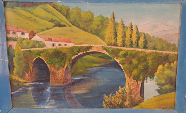 Huile sur panneau isorel " Pont de Bidarray "  Par N Pierotti