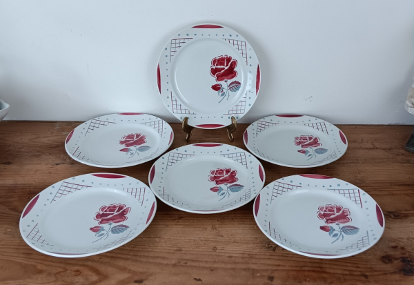 Lot de 6 assiettes plates vintages Reine Lunéville n°1956