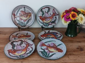 Lot de 6 assiettes vintages en céramique / Poisson / n°1346