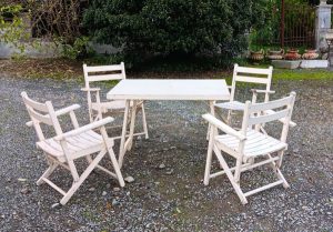 Salon de jardin vintage en bois / table + 4 fauteuils n°3085