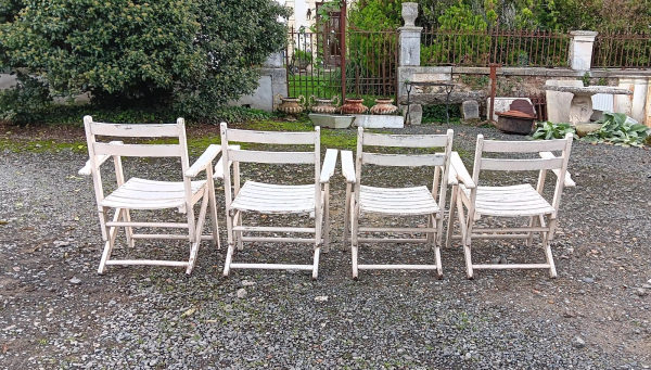 Salon de jardin vintage en bois / table + 4 fauteuils n°3085