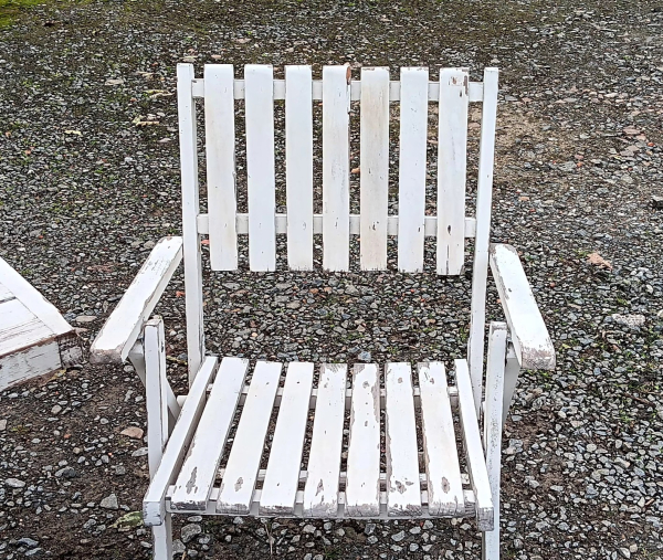 Salon de jardin vintage en bois / table + 2 fauteuils n°3096