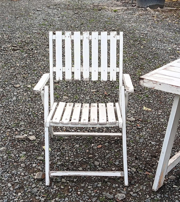 Salon de jardin vintage en bois / table + 2 fauteuils n°3096