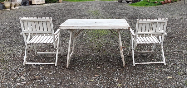 Salon de jardin vintage en bois / table + 2 fauteuils n°3096