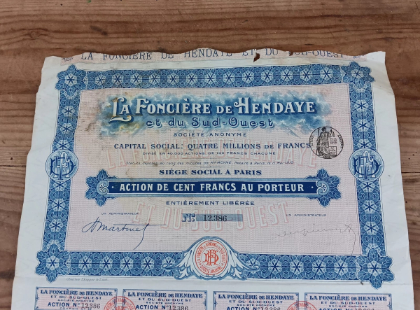 Bon au porteur / La foncière d'Hendaye n°100121