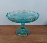 Coupe sur pied / Verre pressé moulé turquoise / n°10073