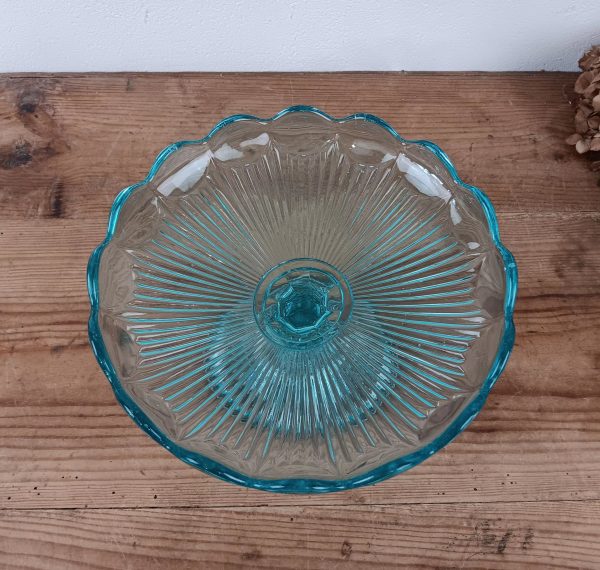 Coupe sur pied / Verre pressé moulé turquoise / n°10073