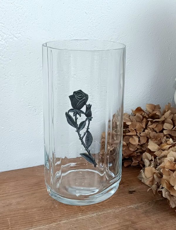 Vase vintage en verre / Rose en étain n°10324